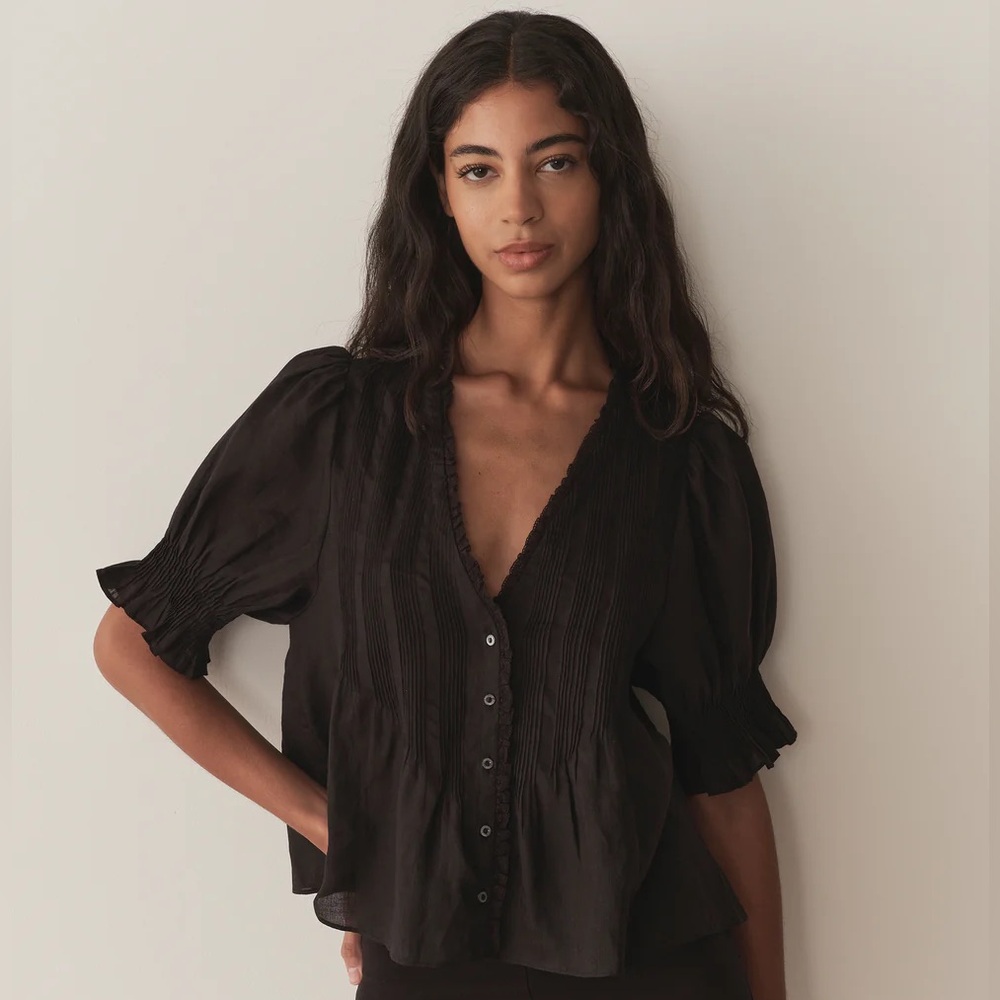 DÔEN Doen Karlie Pleated Lace-Trim Top Black Sz XS